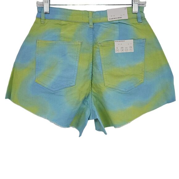 Revolve Weworewhat Womans 27 Flare Bell Shorts Stretch Twill Denim Tie Dye NEW - Picture 2 of 8